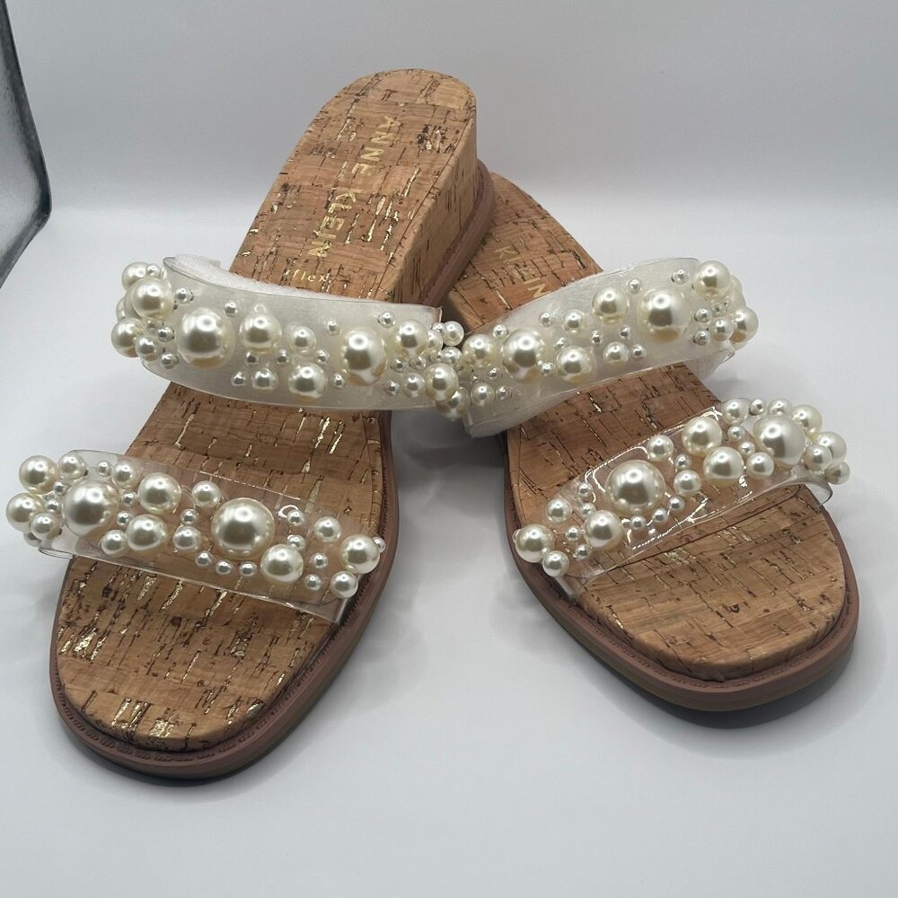 Anne Klein Women’s Shoes Cork Wedge Sandals Pearl Straps - NEW, no box